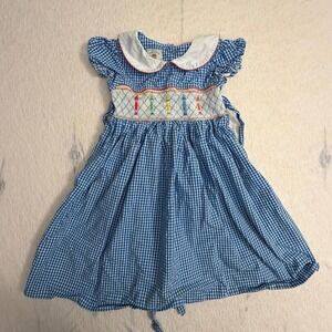 Marmellata Girls 6X Gingham Smocked Dress Crayon Embroidery Peter Pan Collar